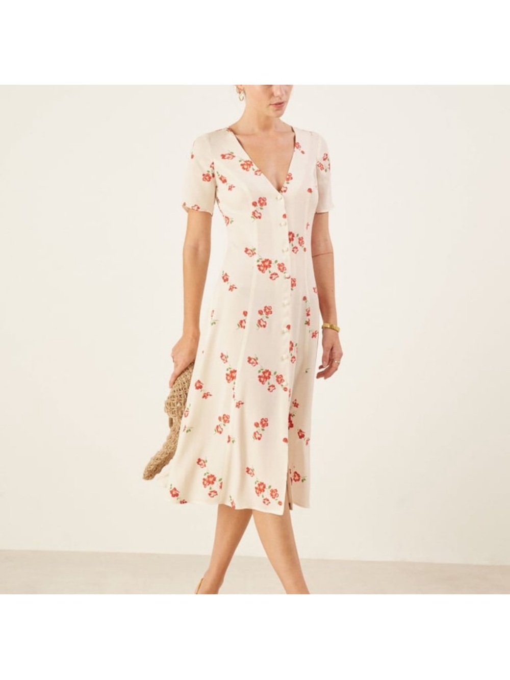 Reformation Cream Midi Dress with Red Floral Print - Picture 2 of 7